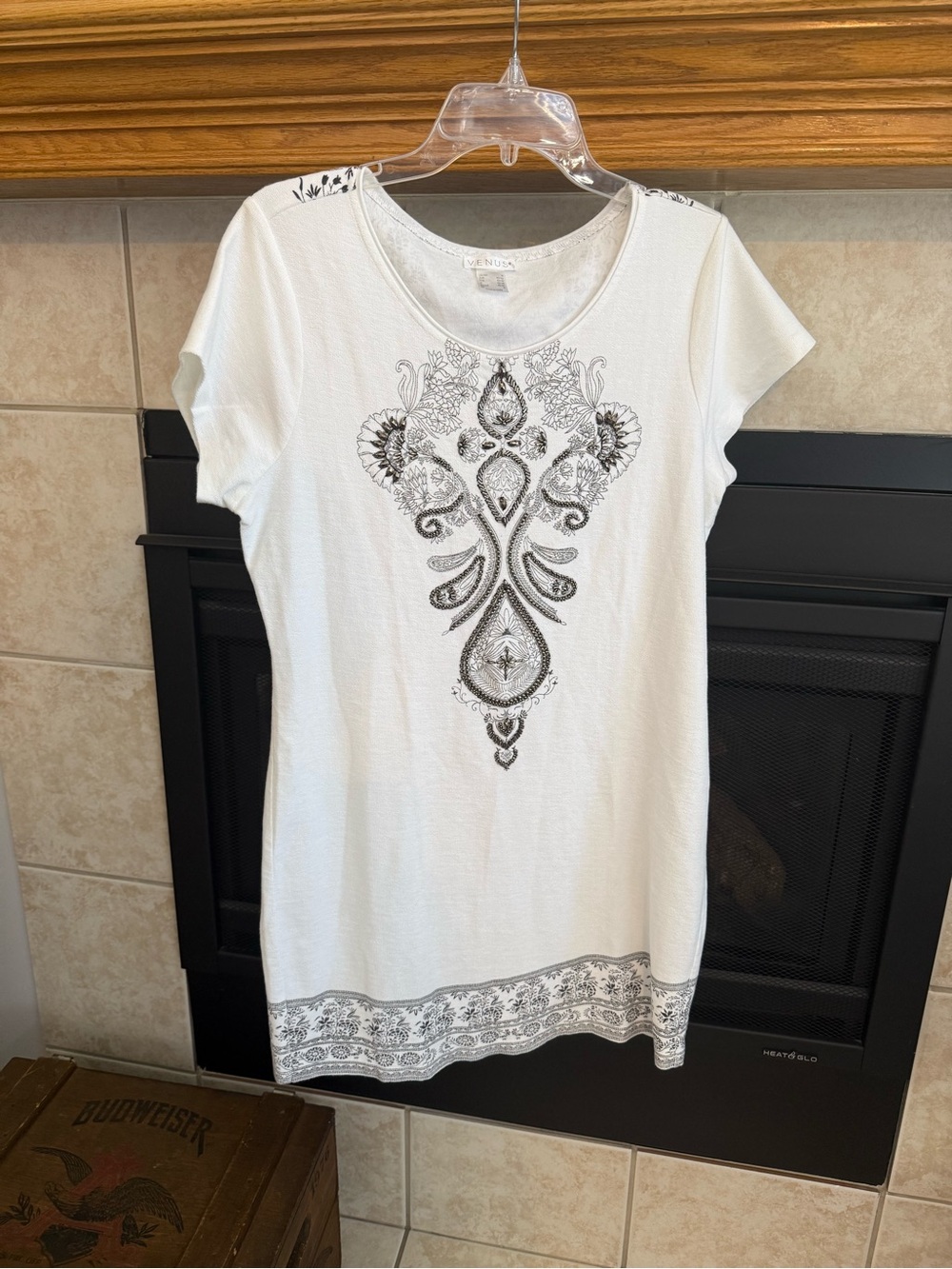 VENUS White Short Sleeve Tunic Dress 👗 with Black Ornamental Motif